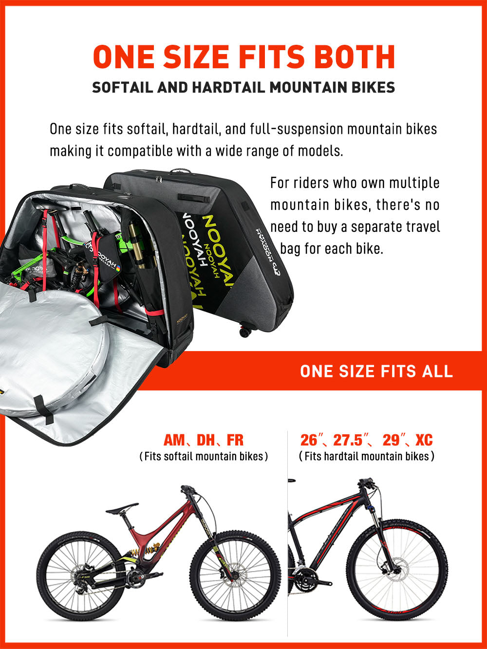 NOOYAH Bike Transport Bag Travel Bag Case Optimised for Carrying Mountain Bikes Safely and Comfortably with 6 Universal Wheels